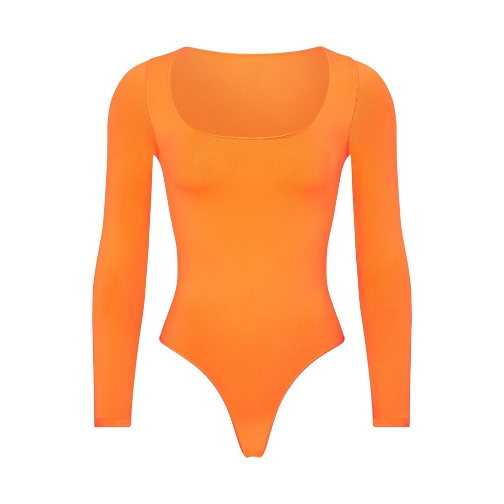 SKIMS light essential long sleeve scoop neck bodysuit - highlighter orange